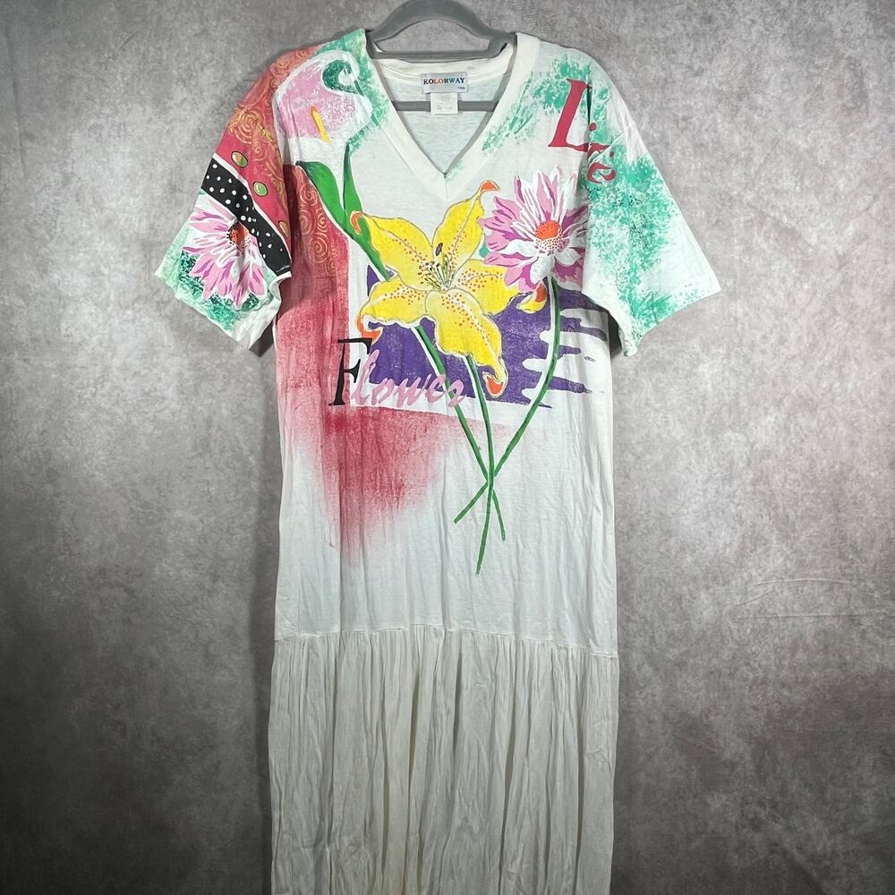 Vintage‎ Kolorway Maxi Dress Womens One Size White Floral Art To Wear Boho